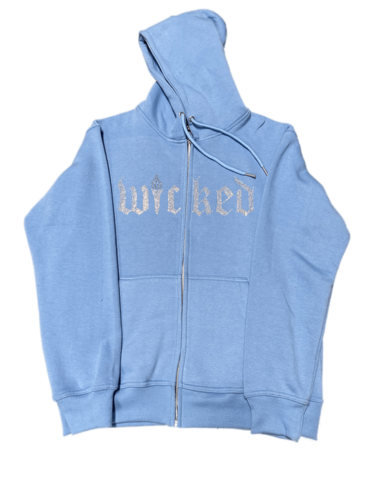 TRIDENT RHINESTONE ZIP UP HOODIE (BABY BLUE)