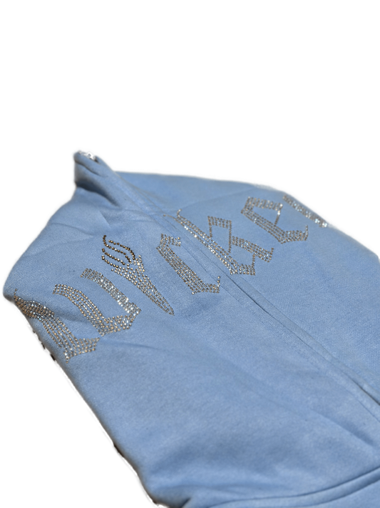 LIBERTY HEAD FULL RHINESTONE ZIP UP HOODIE (BABY BLUE)