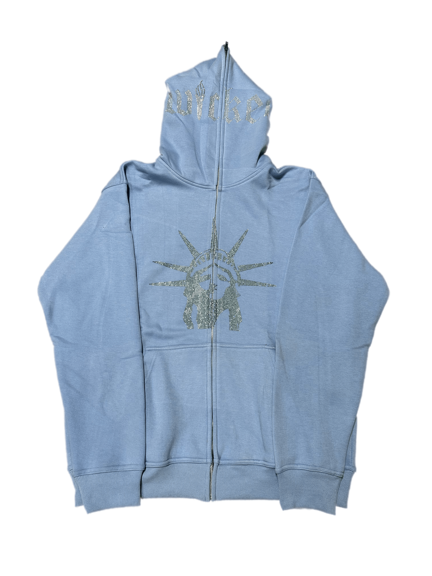 LIBERTY HEAD FULL RHINESTONE ZIP UP HOODIE (BABY BLUE)