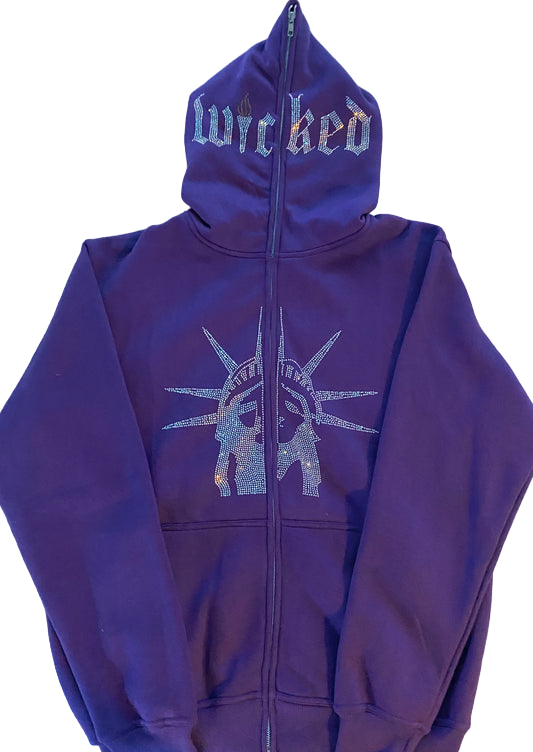 LIBERTY HEAD FULL RHINESTONE ZIP UP HOODIE (PURPLE)