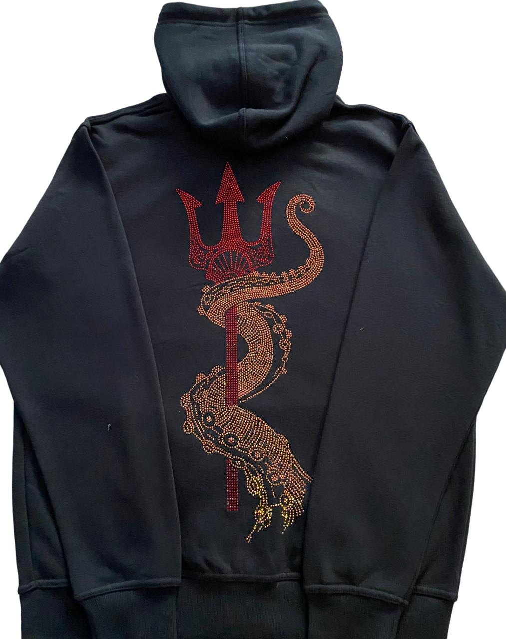 TRIDENT RHINESTONE ZIP UP HOODIE (BLACK WITH GOLD AND RED)