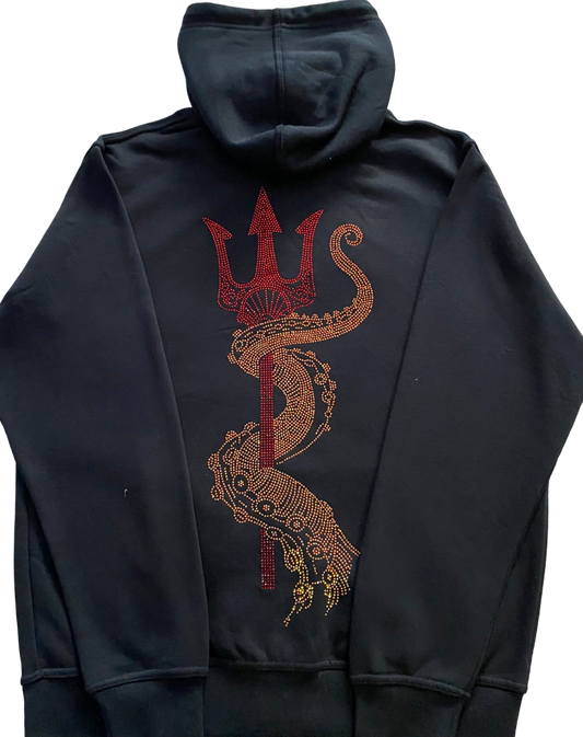 TRIDENT RHINESTONE ZIP UP HOODIE (BLACK WITH GOLD AND RED)