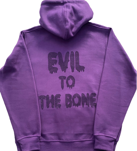 "EVIL TO THE BONE" RHINESTONE PULL OVER HOODIE (PURPLE)