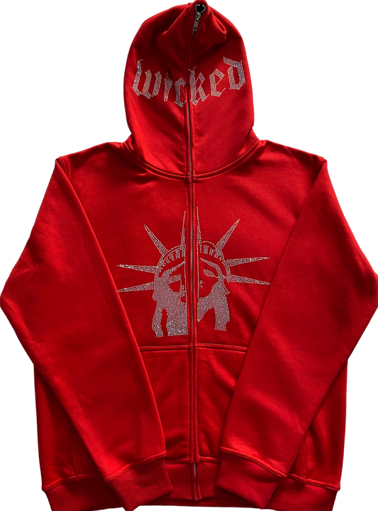 LIBERTY HEAD FULL RHINESTONE ZIP UP HOODIE (RED)